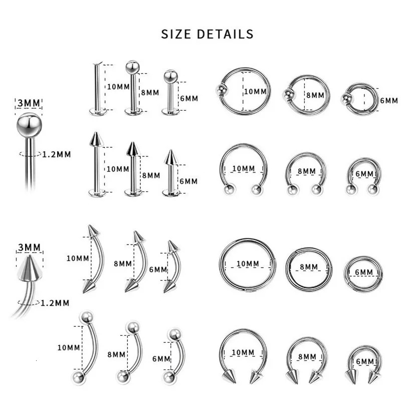 1/10pcs Stainless Steel Body Piercing Wholesale Jewelry Nose Ear Belly Lip Stud Eyebrow Bar 14G Piercing For Women 250617
