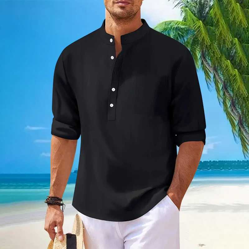 Cotton Linen Hot Sale Mens Long-Sleeved Shirts Spring Autumn ventilate Solid Color pocket Stand-Up Collar Casual Beach Style XJ250621