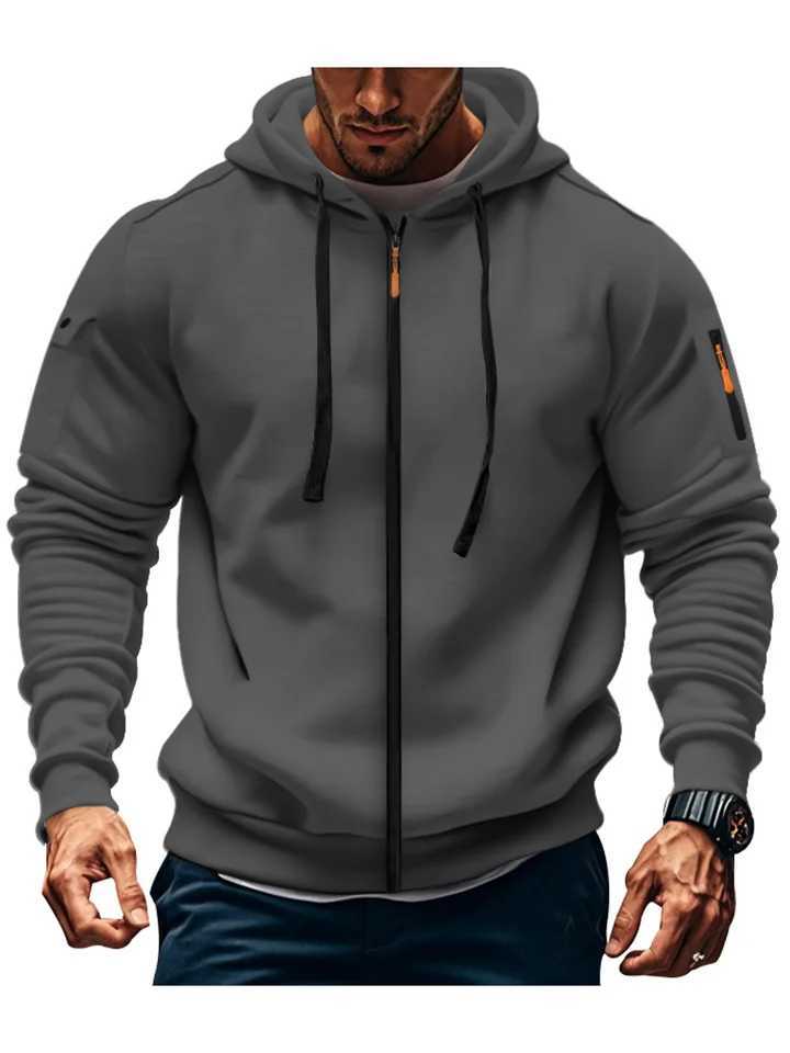 Mens casual hooded collar drawstring hooded sweatshirt sports long sleeved outdoor streetwear solid color lightweight cardiganXJ250621