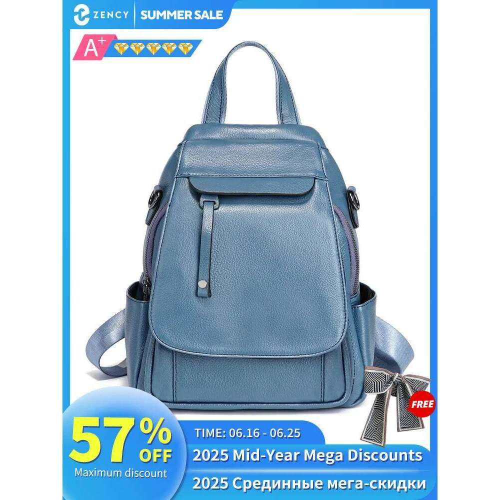 Zency Genuine Leather Women's Fashion Backpack High Quality School Travel Shoulder Bags Satchel Rucksack Multifunctional Pockets