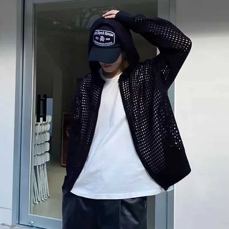 2025 Mens Casual Hollow Coats Breathable Cardigan Sweater Summer Lightweight Hooded Knitted Top Korean Trendy Streetwear Clothing Z250621