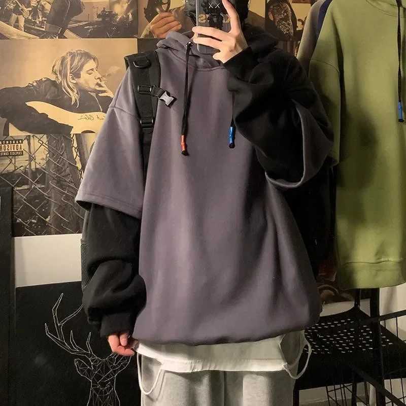 Autumn Trendy Oversize Ins Hip Hop Top Fake Two-piece Sweatshirt Men Hoodies Oversize High Street Jacket Hooded Top Spring XJ250621