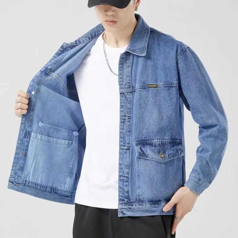 Versatile Denim Jacket Stylish Mens Denim Jacket with Lapel Collar Long Sleeves Large Pockets Fashionable Spring Autumn for Men XJ250621