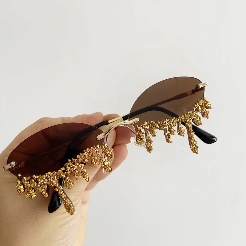 Small Oval Rimless Tear Shape Rhinestone Sunglasses With Stone Punk Diamond Sun Glasses Gafas De Sol 250617