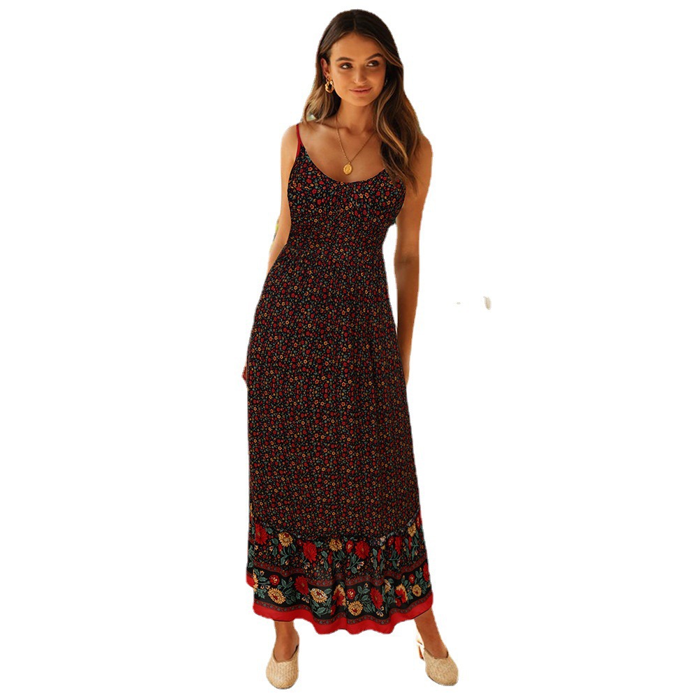 X6201New Swing Skirt Amazon European and American Women's Bohemian V-neck Suspender Floral Dress