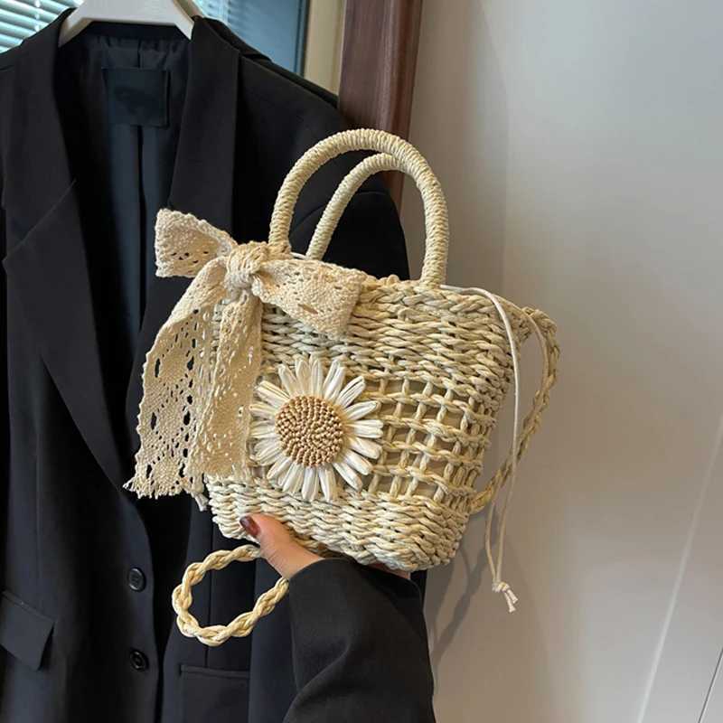 New Weave Lace Bow Handbag Dacron Square Shape Straw Weave Bag Small Bucket Tote Bag XJ250620