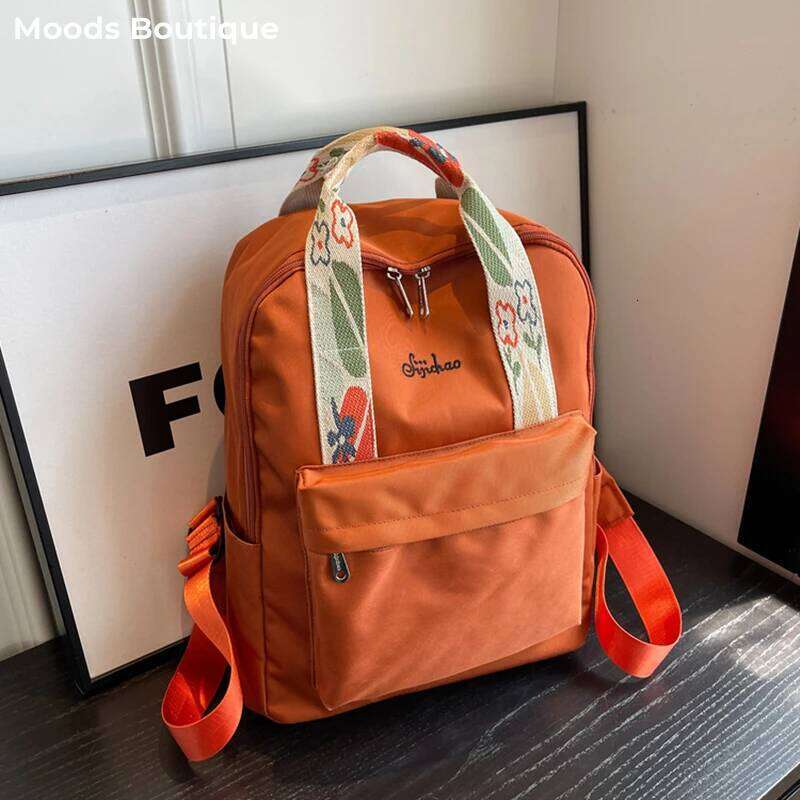 Nylon Fabric Fashion Backpack For Women Floral Hand Strap Pure Color Large Capacity Travel Bag Multi-Pocket School Book Rucksack