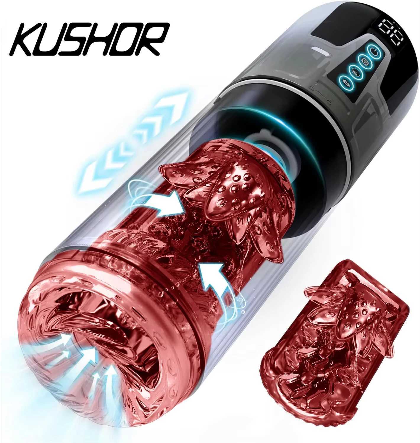 KUSHOR 4in Automatic Male Mastubator LCD Masturbation Cup with 7 Sucking Thrusting Rotating Modes Pocket Pussy Man Sex Toys W250621