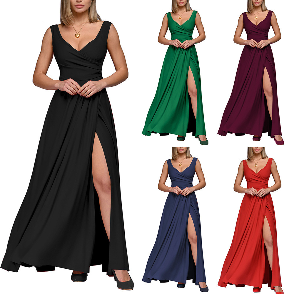 M621Summer new solid color sleeveless waist dress long dress