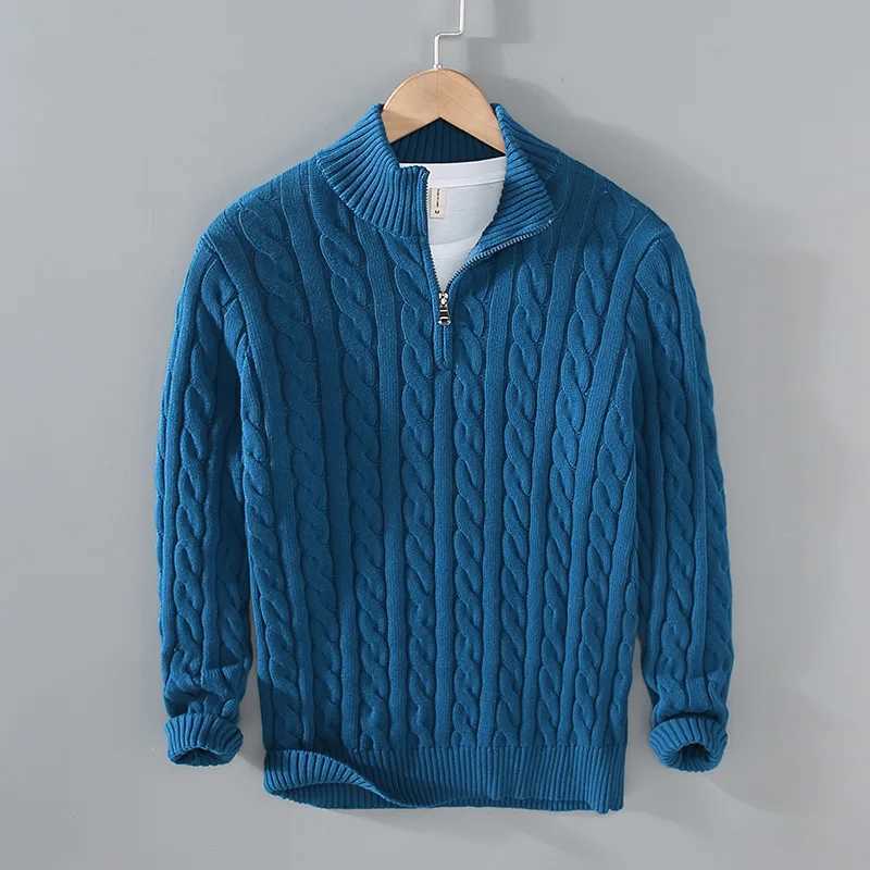 2025 New Autumn Winter Men Pullover Sweater Men Stand Collar Half Zip Cotton 100% Thickened Knit Solid Color High Street Clothes Z250621