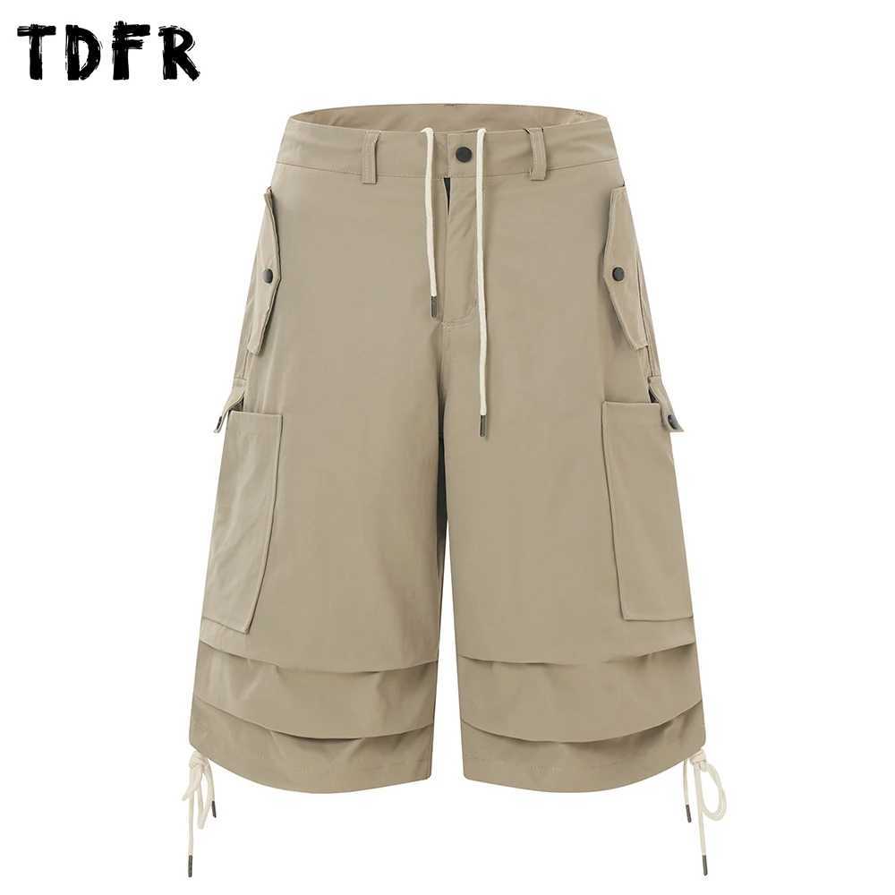 Multi-Pocket Pleated Cargo Shorts Mens Solid Color Safari Style Summer Drawstring Elastic Loose Wide Leg Waist Cropped Trousers W250621