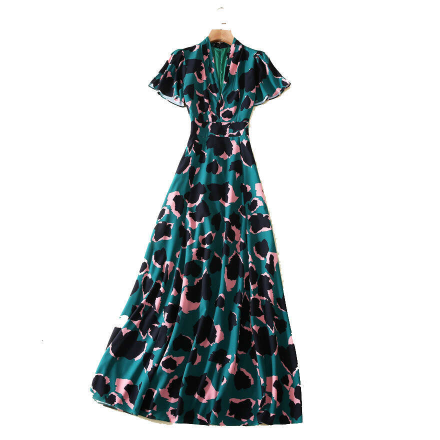 Long Dress Star Style Spring Summer New Women S V Neck Short Sleeve Camouflage Print Waist Cinching Elegant Long Dress Sexy Long Skirt