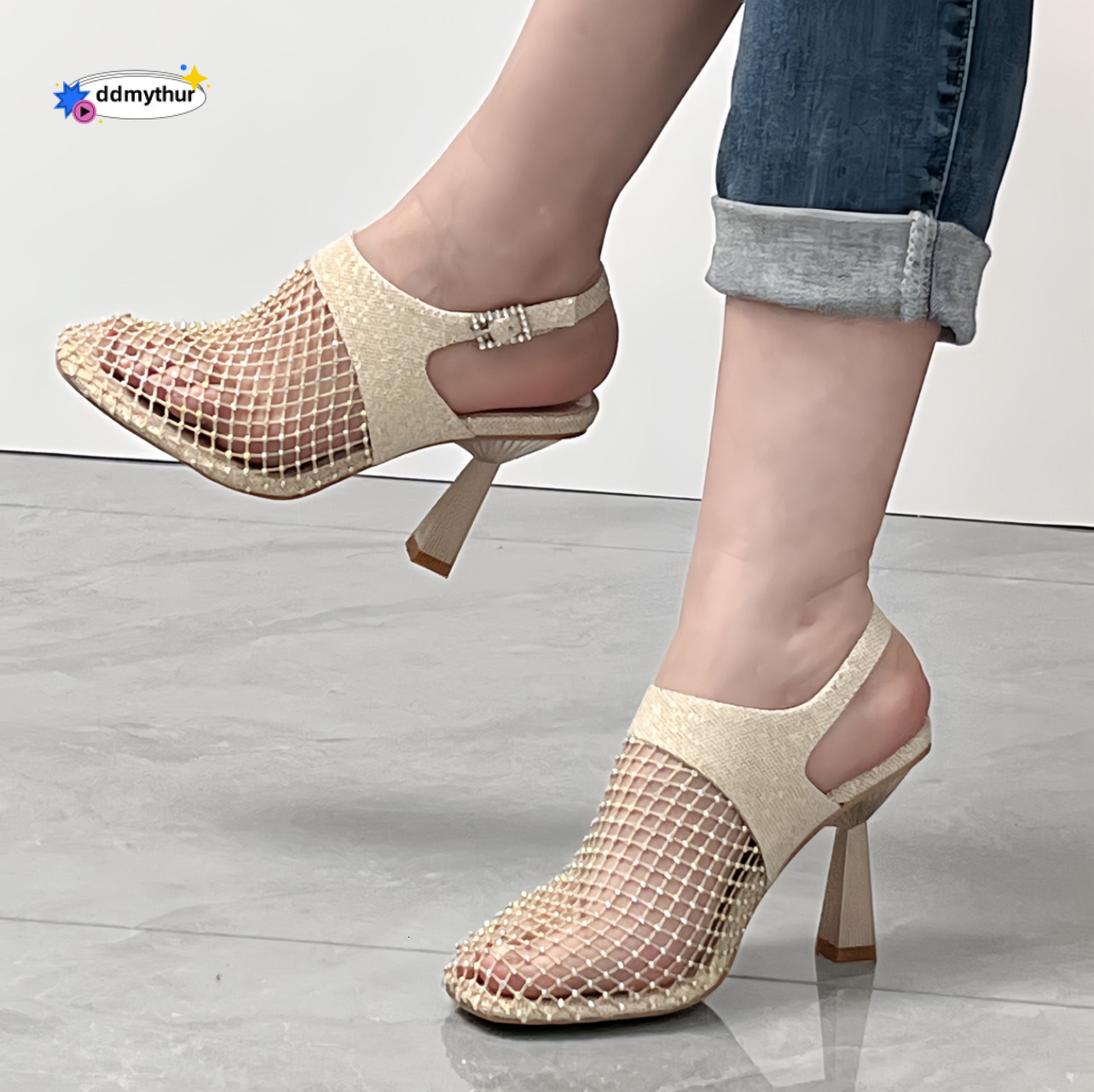 Plus Size Women's 2025 New Rhinestone Elastic Fishnet Socks Hollow Out Closed Open Back Pointed Toe Sandals ddmythur