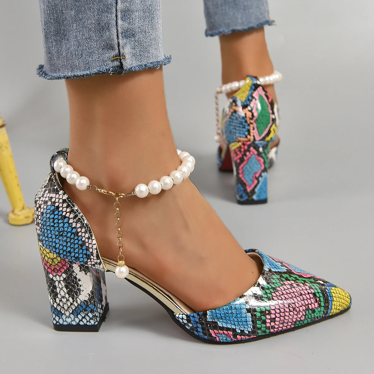 Aphixta Snake Pattern High Heel Sandals Summer Elegance Retro Womens Square Heel Sandals Size 33-46 Pearl Chain n 250617