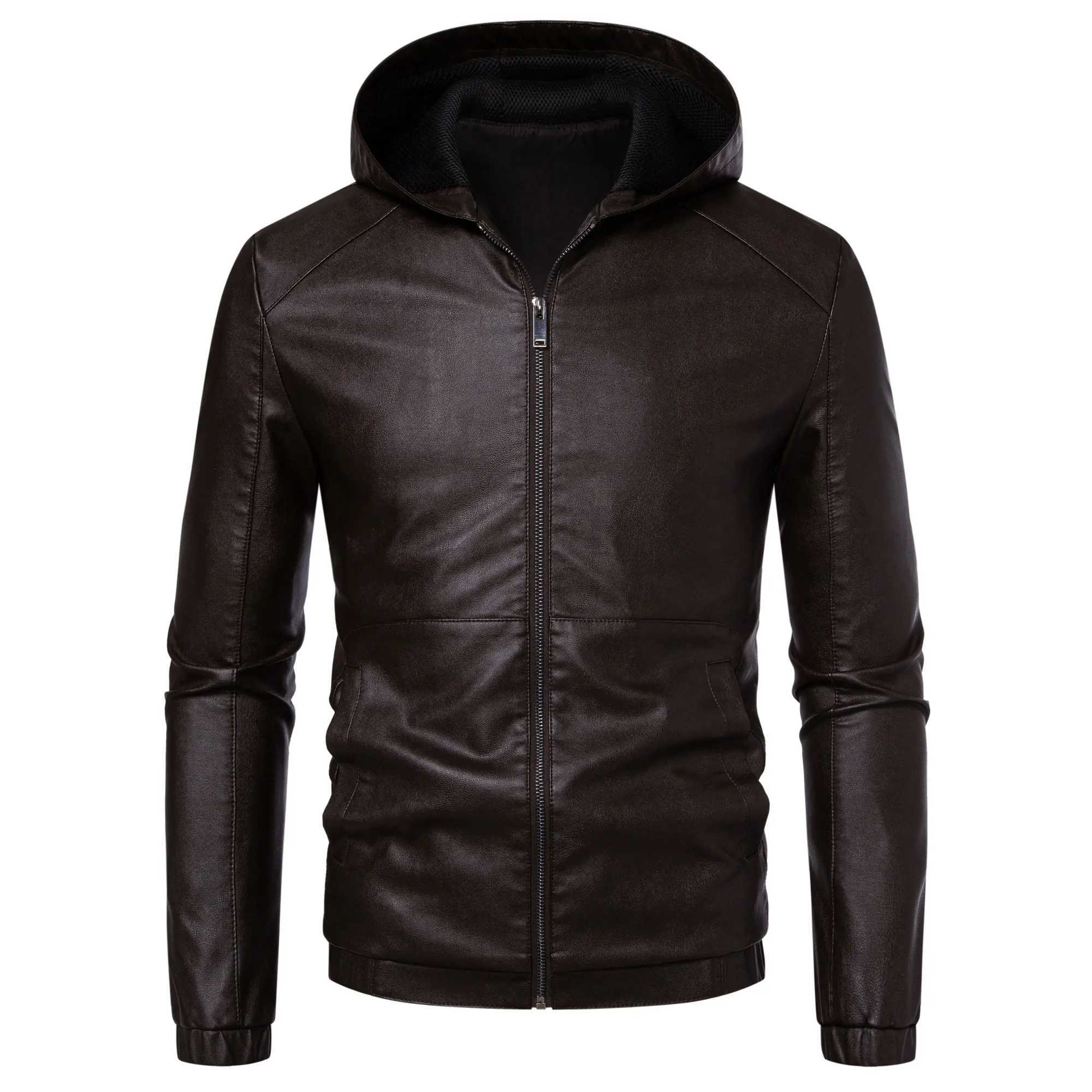 TRAF Autumn and Winter New Hooded Leather Mens Plus Fleece Thickened Slim Motorcycle PU Leather Youth CoatXJ250621