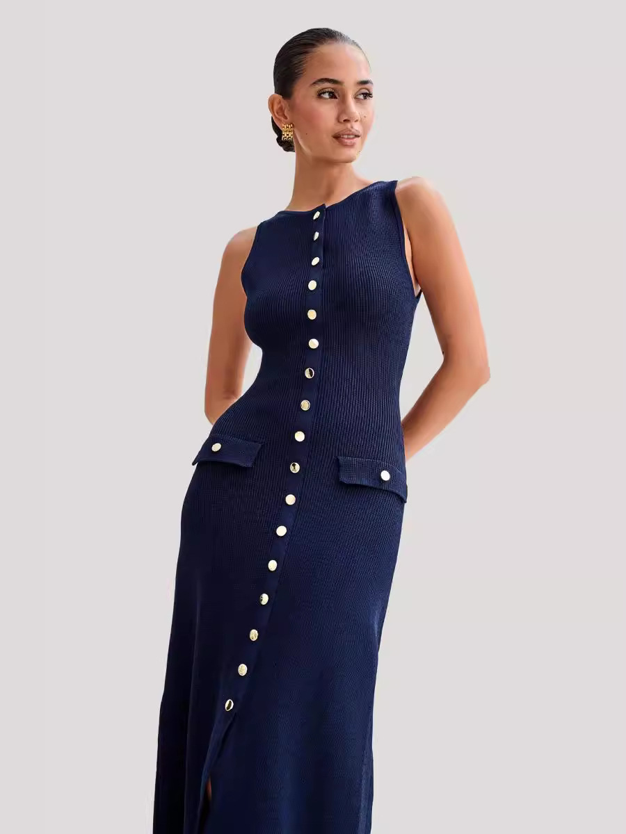 X6213Summer new knitted dress European and American women's dress elegant sleeveless button fashion sexy slim long skirt