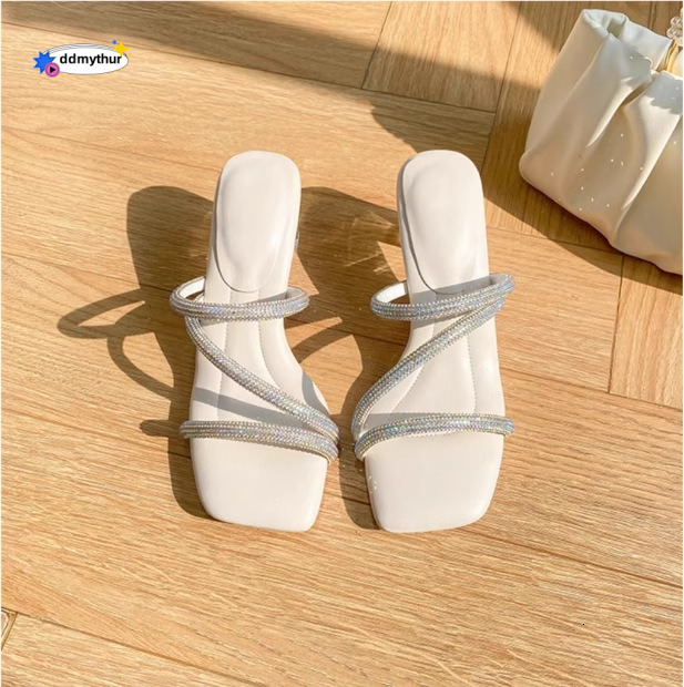 Stepping on Clouds Sandals Women, Thin Heel with Rhinestones, 2025 New Summer French Style Elegant One-Strap Slippers, High Heels for Outdoor Wear