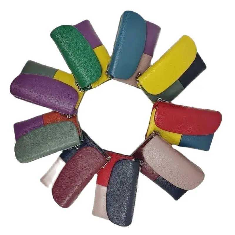 Coin Purse Soft Genuine Cow Leather Tri Fold Short Small Wallet Women Patchwork Magnetic Button Card Holder Organizer Wallets Z250621