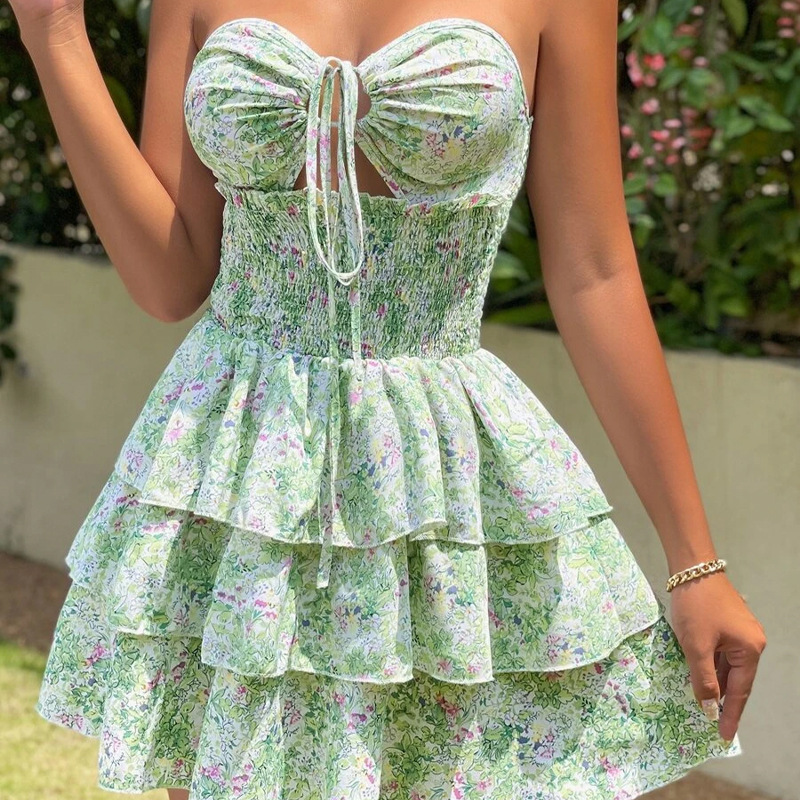 D6201Women's Floral Print Tube Top Lace-Up Dress Waisted Hollow Strap Mini Skirt