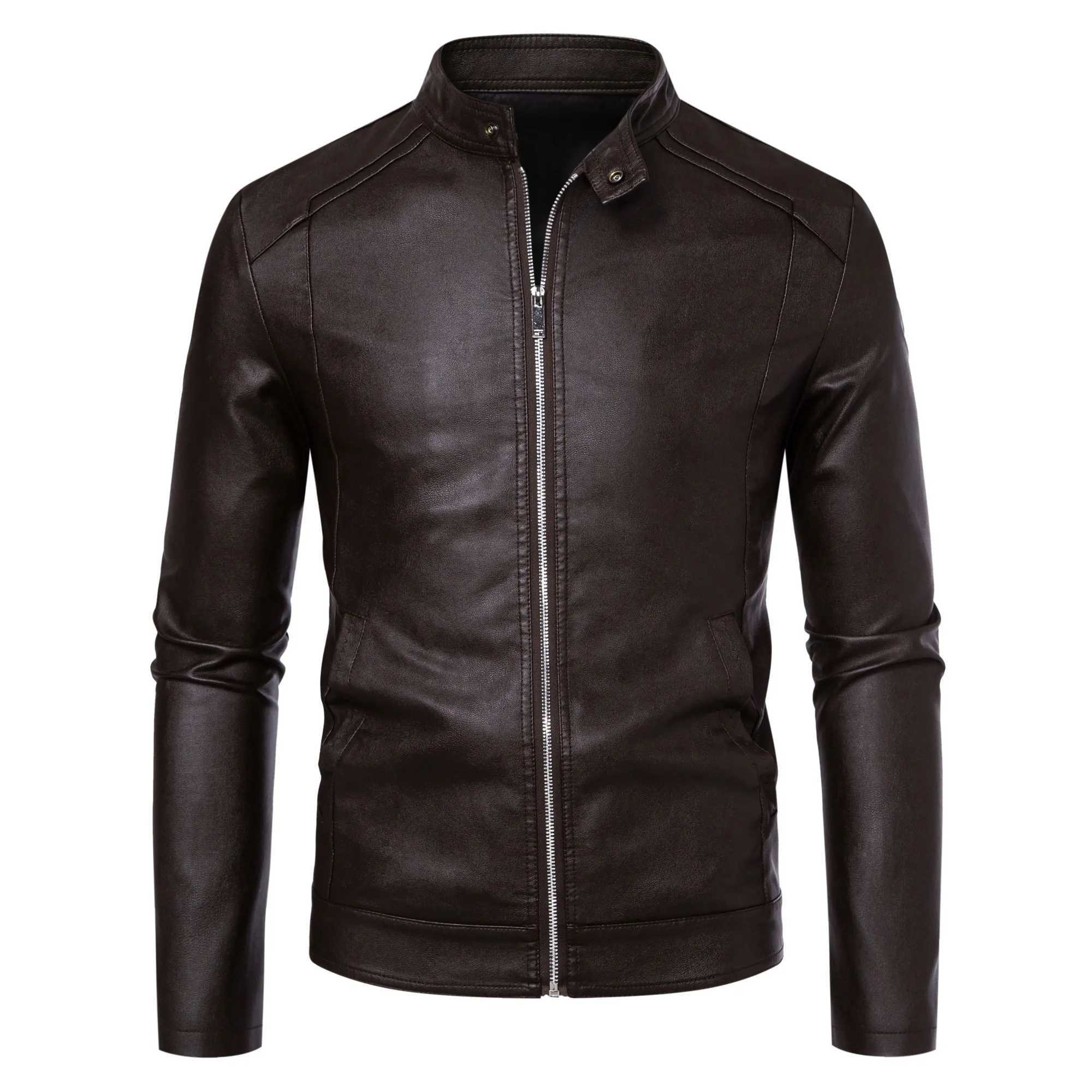 TRAF New Arrival Mens Korean Style Slim Fit Leisure Jacket Solid Color Motorcycle PU Leather Coat For Casual WearXJ250621