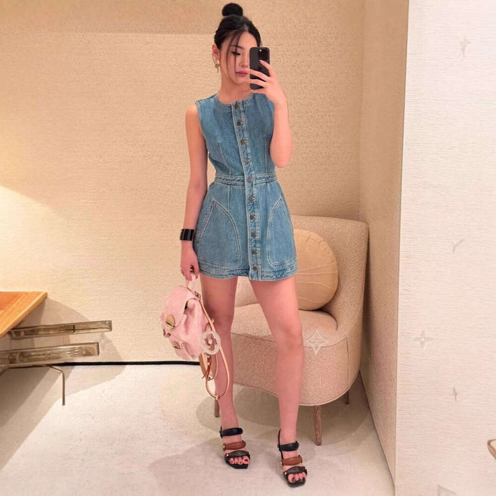 Long Dress Correct High Version Donkey Home Summer New Fashion Versatile Round Neck Button Sleeveless Denim Dress Sexy Long Skirt