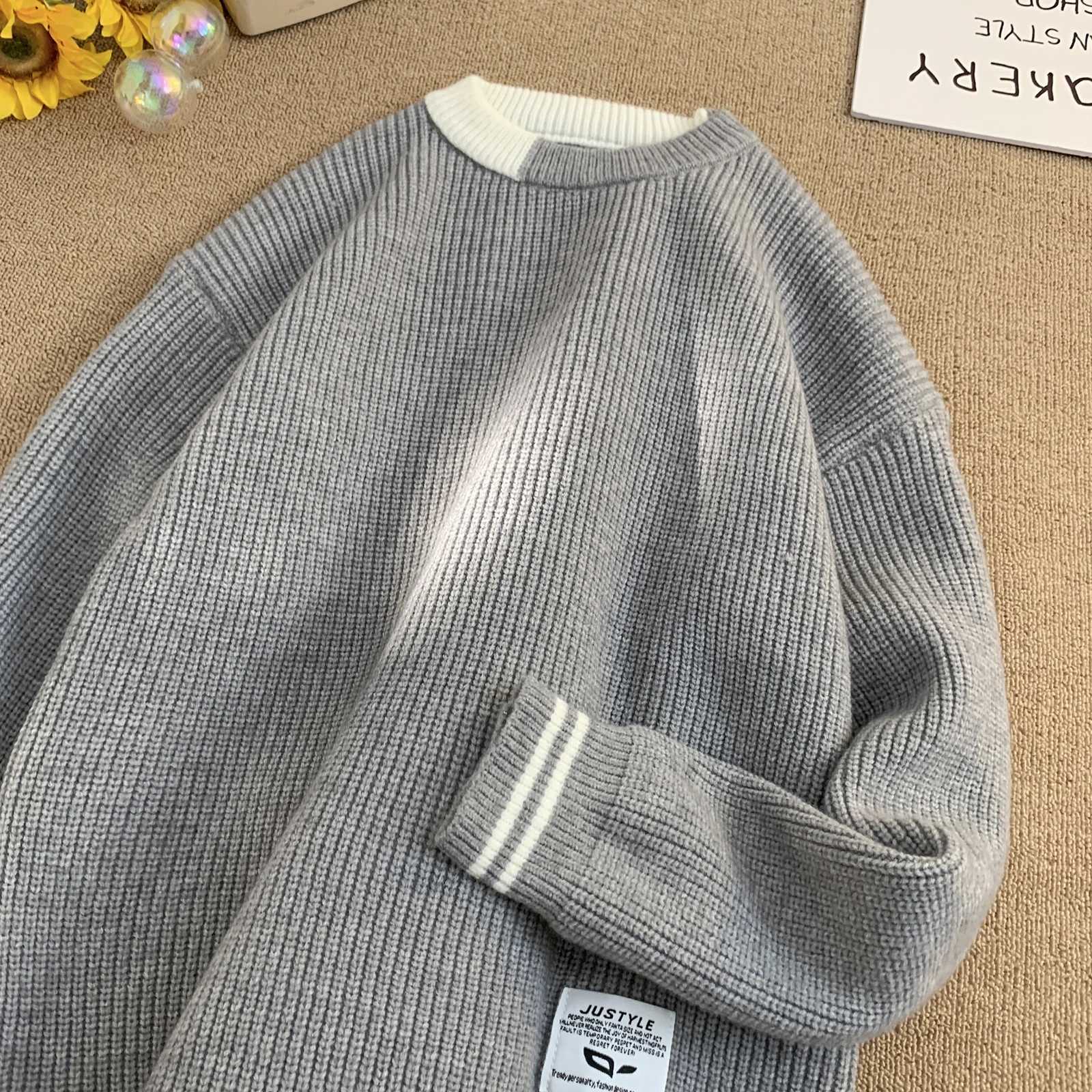 Men Retro Color Collision Twist Sweater Loose Fit Round Neck Knit Jumper Pullover Autumn Winter Casual 4 Colors Knitted Sweaters Z250621