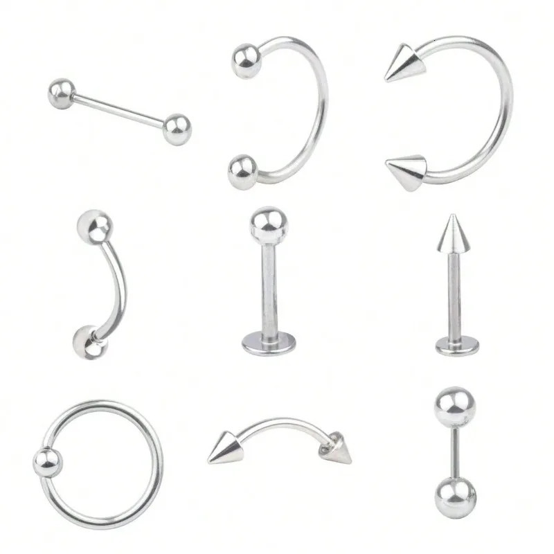 9pcs Simple Stainless Steel Lip Ring Nose Ring Nose Hoop Eyebrow Ring Set Suitable For Ladies Daily Wear 250617