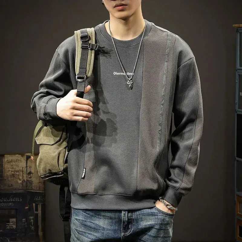 Spring Autumn Mens Trendy Vintage Patchwork Simple Casual Sweatshirt Male Round Neck Long Sleeve Loose All Match Pullover Tops XJ250621