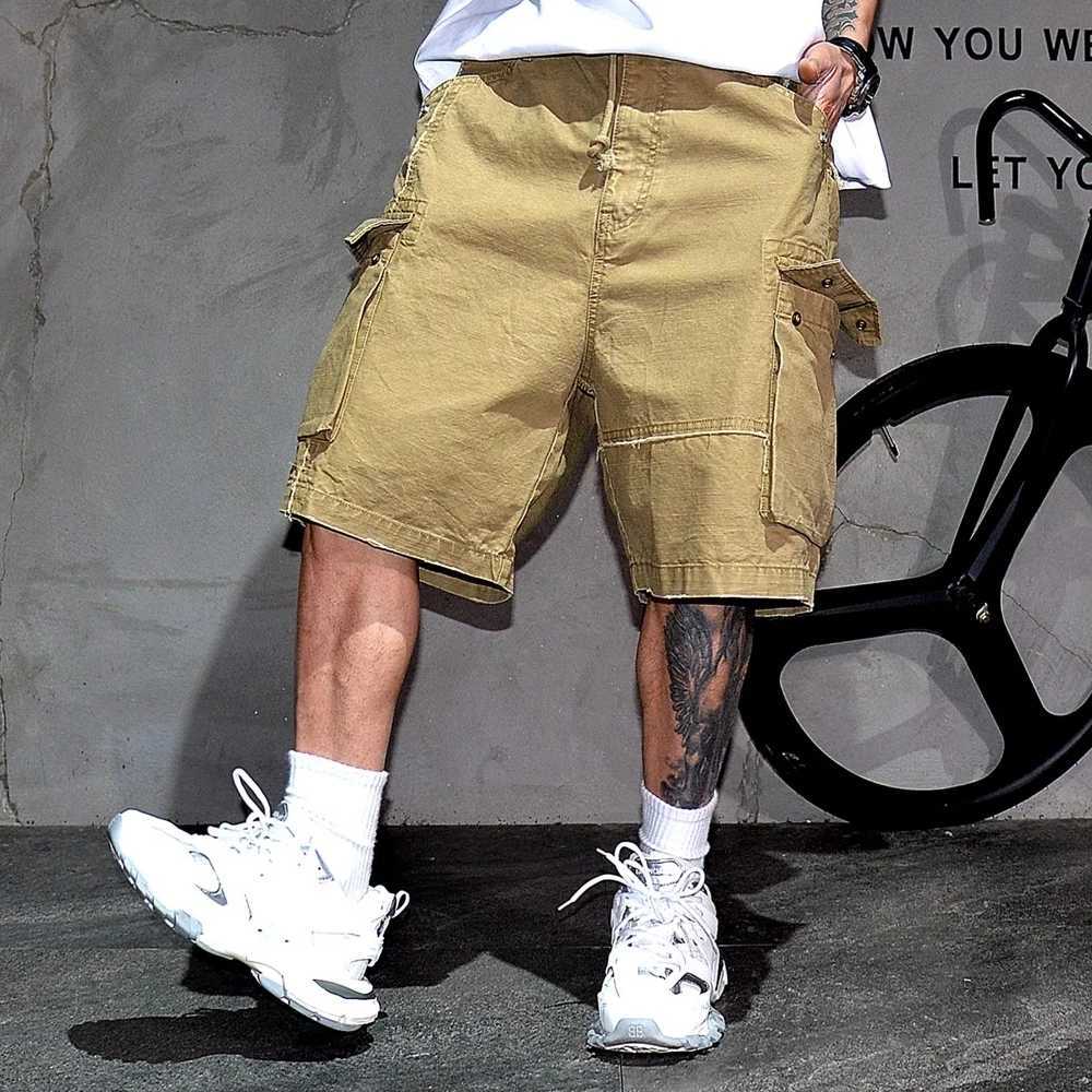 Mens American Vintage Cargo Shorts Khaki Heavyweight Cotton Large Pockets Straight Leg 5-Inch Summer Casual Trendy Loose Fit W250621