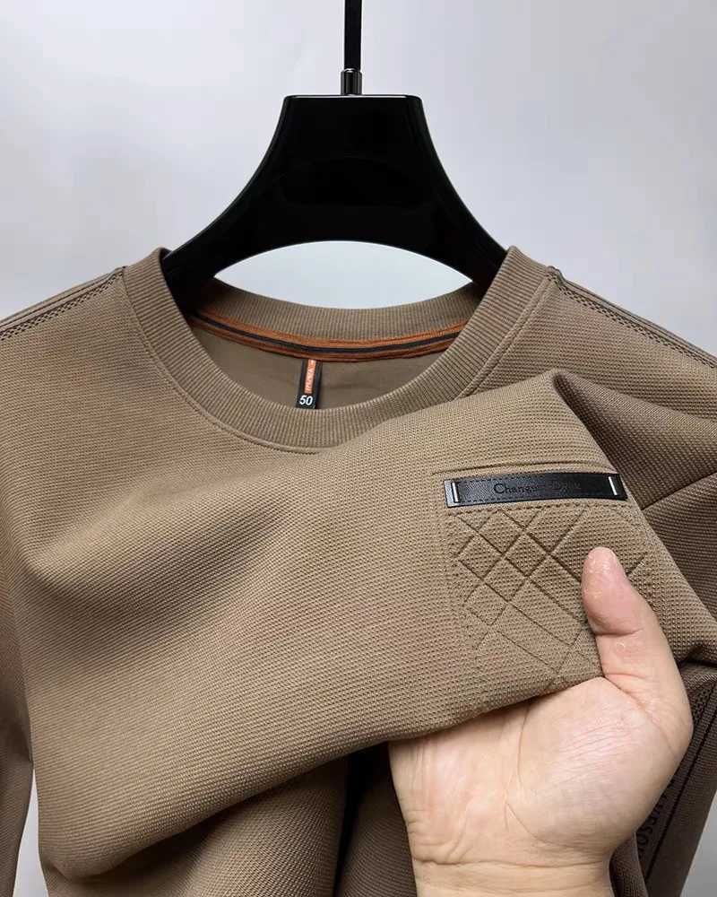High-end pocket design brand long sleeve T-shirt mens round neck 2024 autumn fashion loose casual youth round neck sweatshirt XJ250621