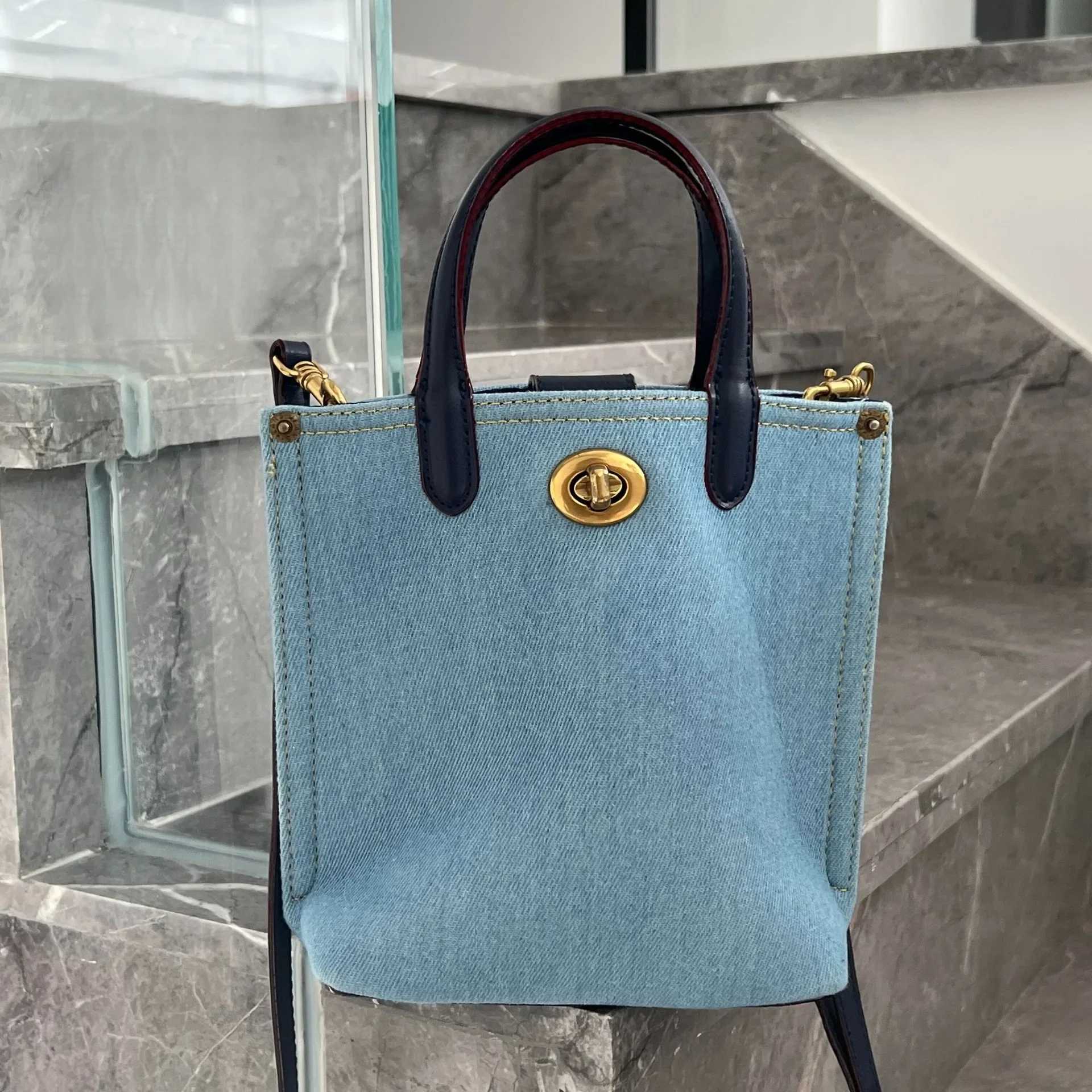 2025 New Washed Denim Blue Handbag Tote Bag Side Dish Blue Fries Bag Fashion Messenger Bag XJ250620