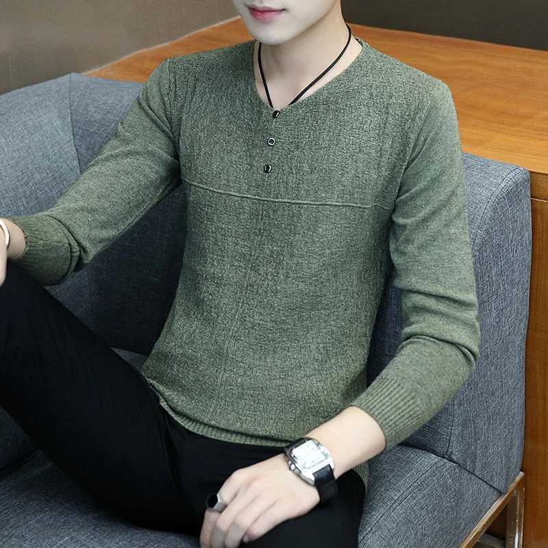 Fashion Solid Color V-Neck Knitted Button All-match Sweater Mens Clothing 2022 Autumn New Casual Pullovers Loose Korean Tops Z250621