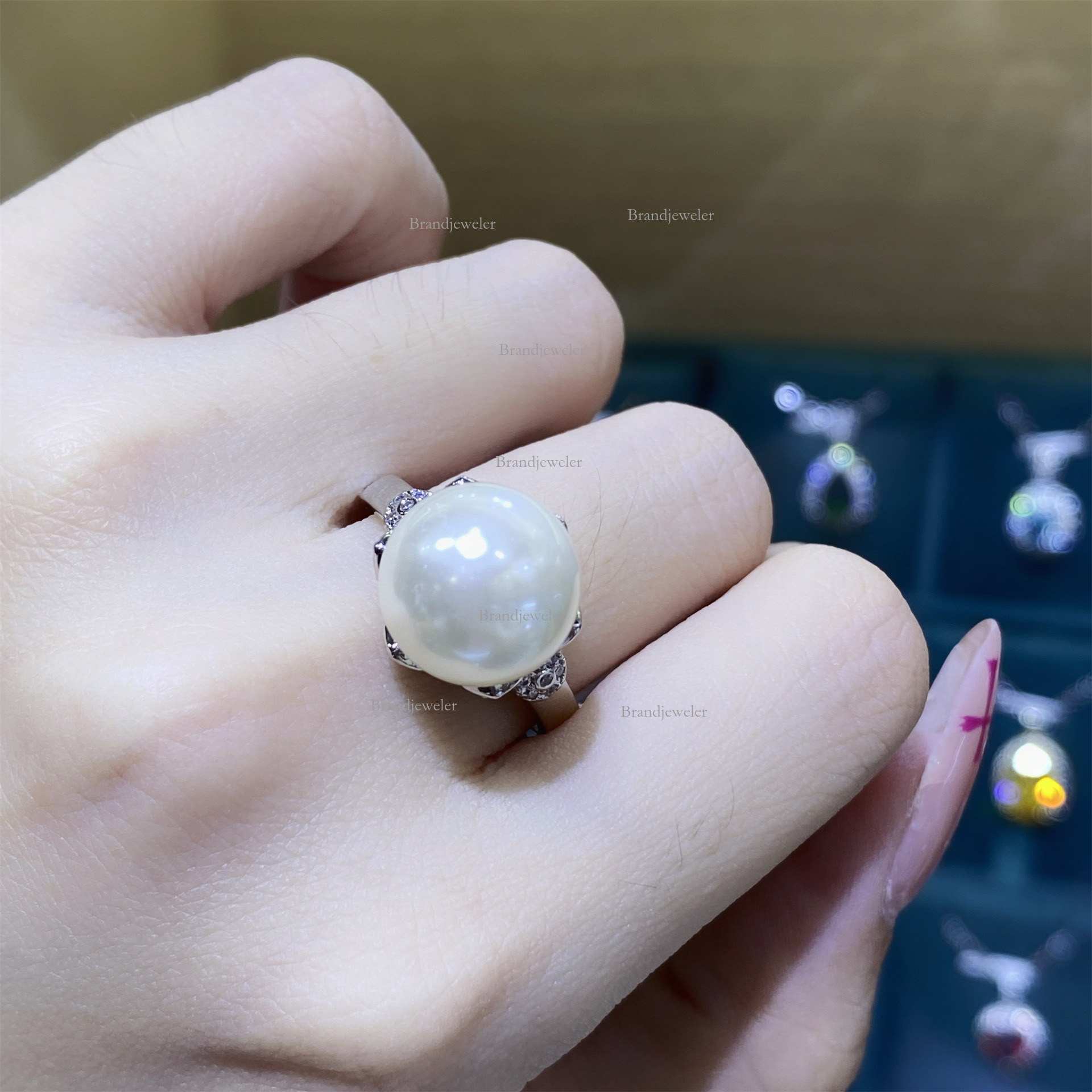 Natural Free Delivery Agate Chalcedony Shell Pearl Comparable To Pearl Full Diamond Open 25 New Model Ring For Designer Necklace Women Versatile Penda - view 5