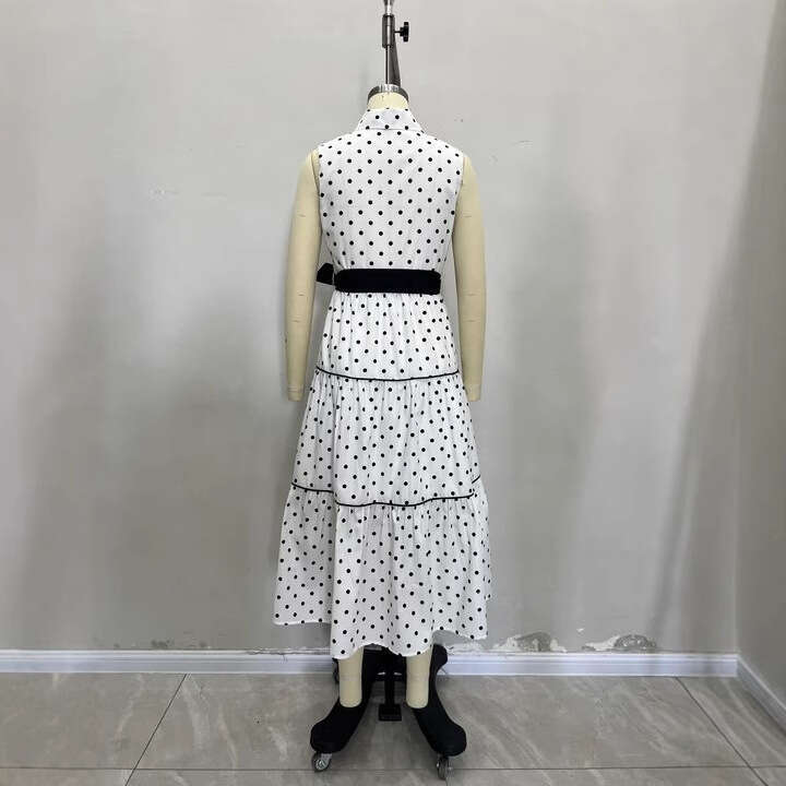 Long Dress European Style Elegant Women S Fashion Spring Summer New Sleeveless Turn Down Collar Polka Dot Dress Sexy Long Skirt