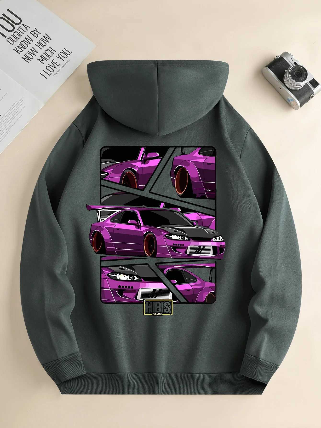 2024 popular mens fashion hooded sweatshirt casual hooded sweatshirt daily drawstring car print kangaroo style front pocket XJ250621