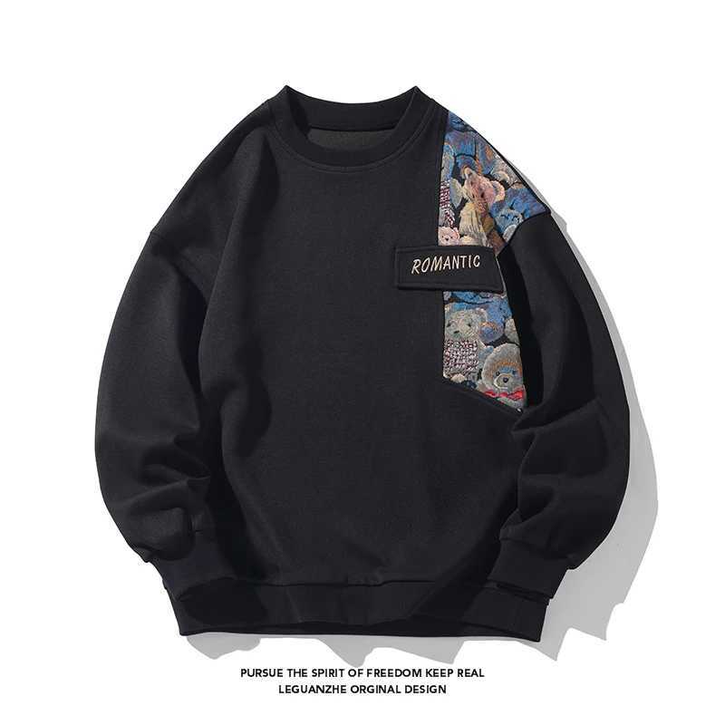 New Autumn Mens Pullover Sweatshirt Harajuku Embroidered Bear Pattern Loose Casual Round Neck Sweatshirts Unisex Fashion Hoodie XJ250621