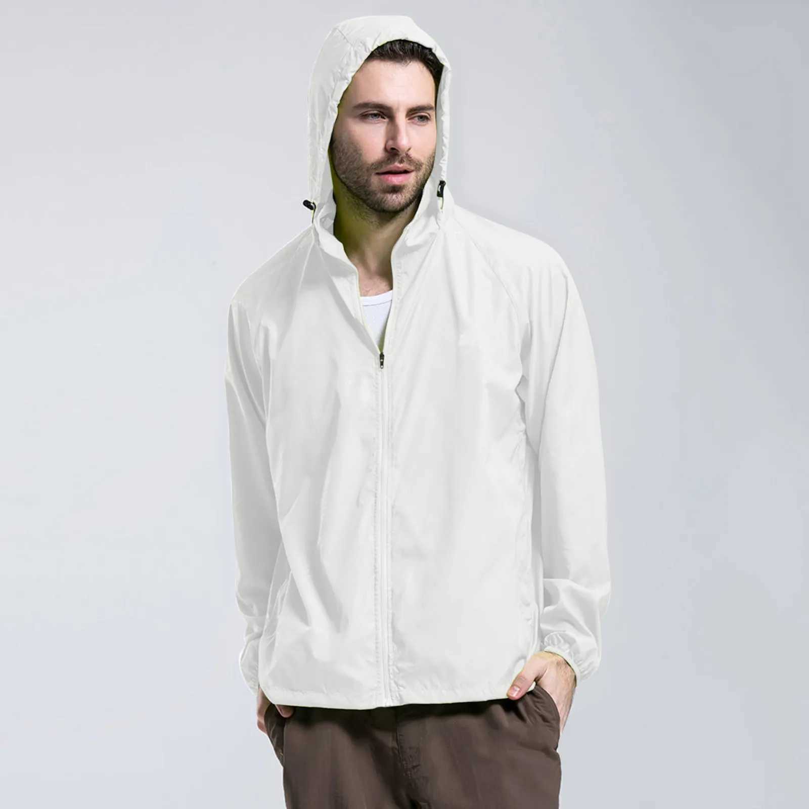 Mens Solid Color Packable Rain Jacket Lightweight Windproof Raincoat With Hood Outdoor Zip Up Outerwear Jacket Men Clothing XJ250621