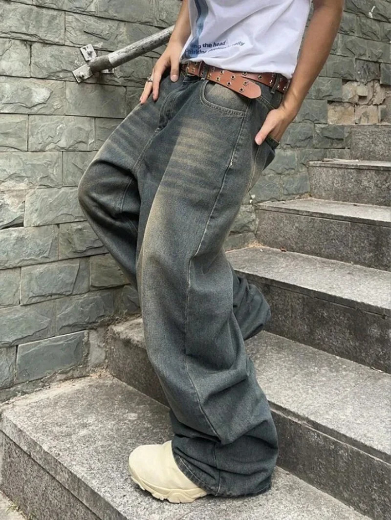 2025 Mens Baggy Denim Pants Wide Leg High Waist Belt Casual Trousers Loose Plus Size Stylish Streetwear Mens Streetwear 250617