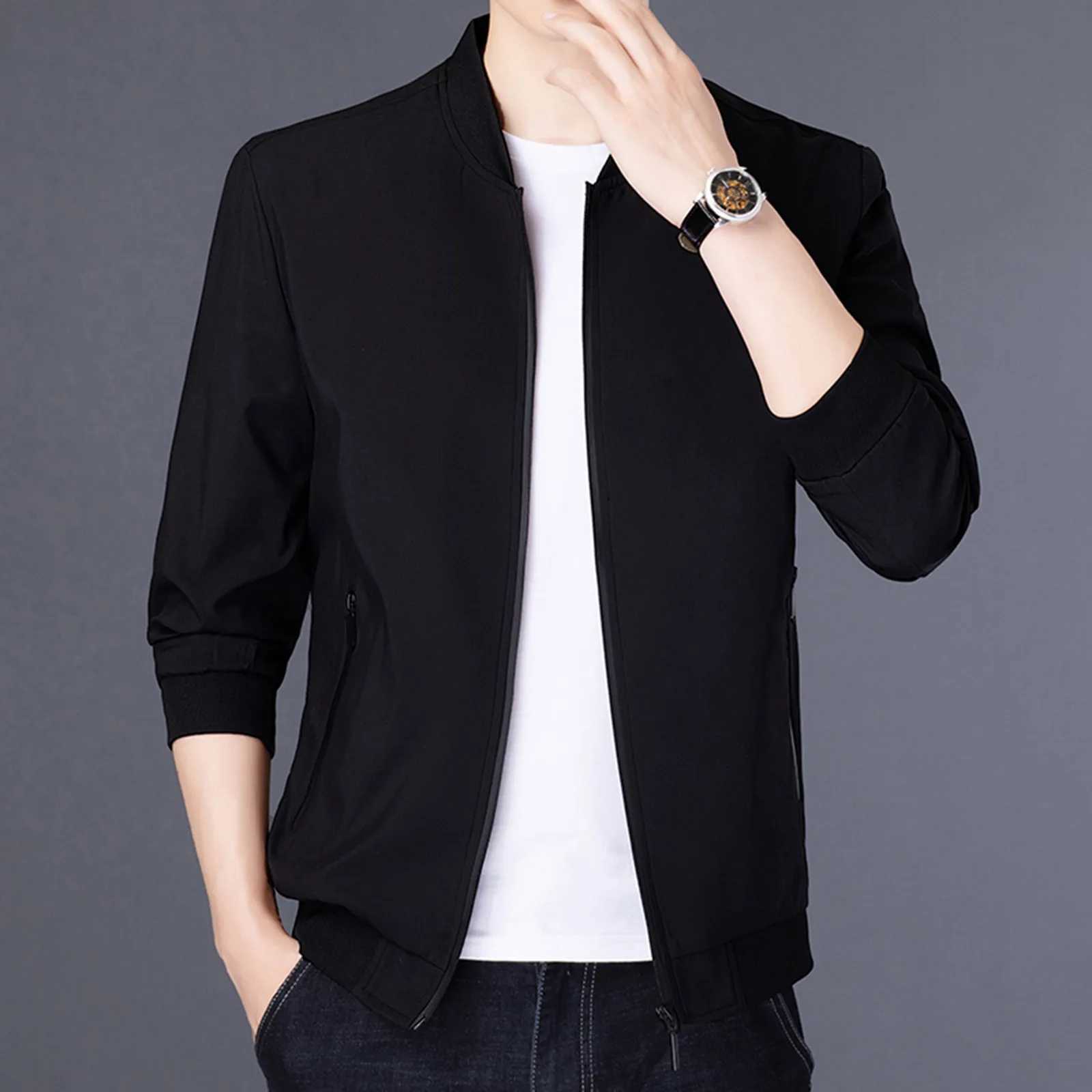 Mens Fashion Business Jackets Solid Leisure Temperament Zipper Hoodless Coat With Zipper Slim Fit Look Thin Casual Outerwear XJ250621