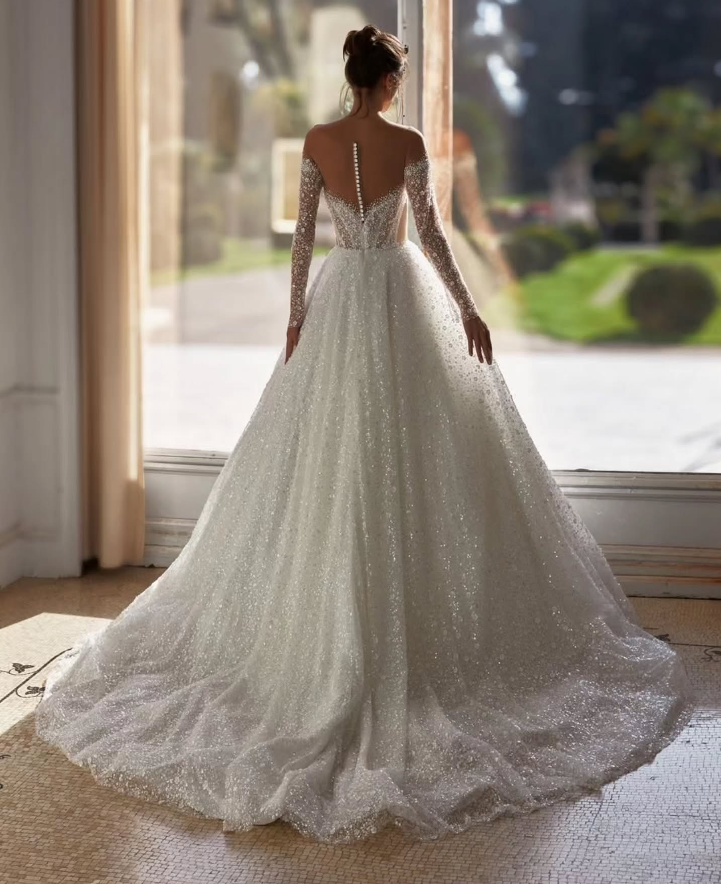 Sparkly Wedding Dresses Sequins O Neck A Line Bridal Gowns Pearls Beading Flowers Long Sleeves Customized Princess Vestidos De Novia Plus Size