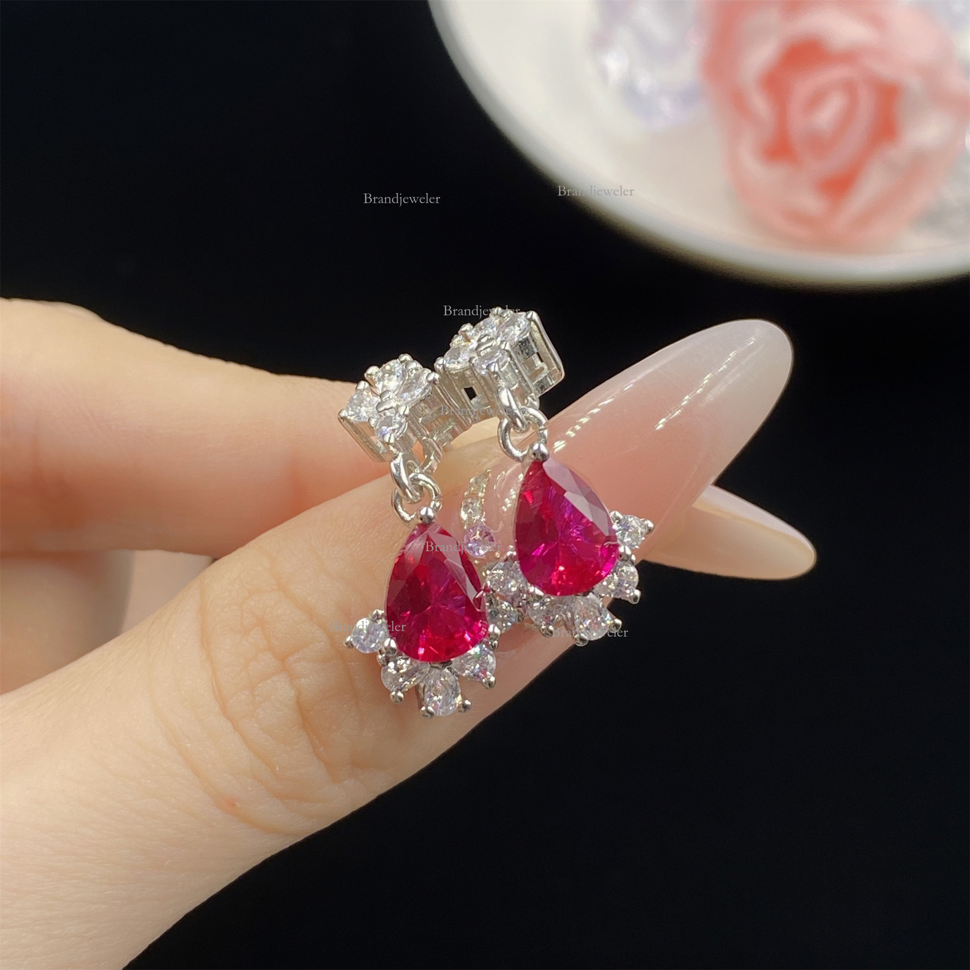 Back Cover Red Corundum Water Drop Shape Three-piece Full Diamond Open Ring For Free Delivery Model Women Designer Necklace Elegant Luxurious Pendant 