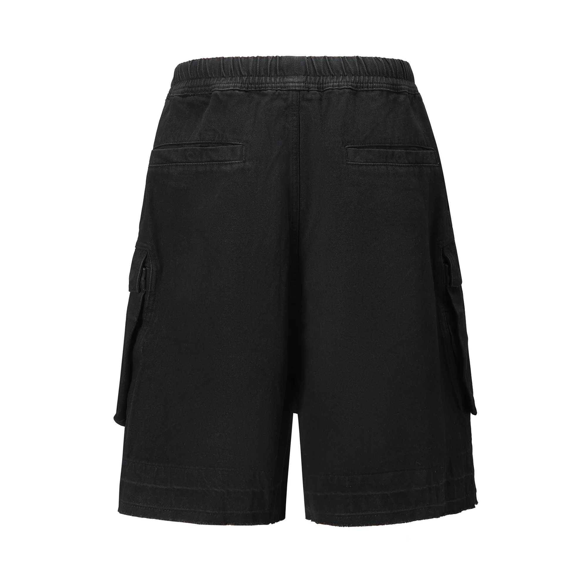 Hip Hop Vintage Wax Printing Acid Washed Black Cargo Shorts Baggy Drawstring Stretch Zip Up Distressed Cargo Shorts Men W250621