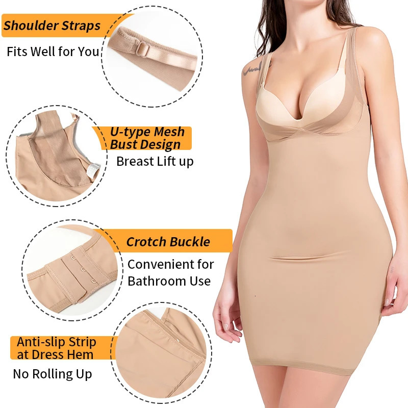 Womens Full Slip Adjustable Spaghetti Strap Camis Mini Dress Deep V Neck Underbust Push Up Breast Underdress Smooth Body Shaper 250617