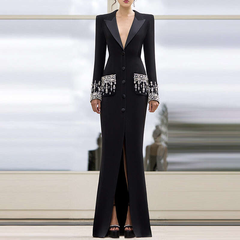 Long Dress New Celebrity Fashion Heavy Beaded Rhinestone Blazer Collar Bandage Gown Long Dress Sexy Long Skirt