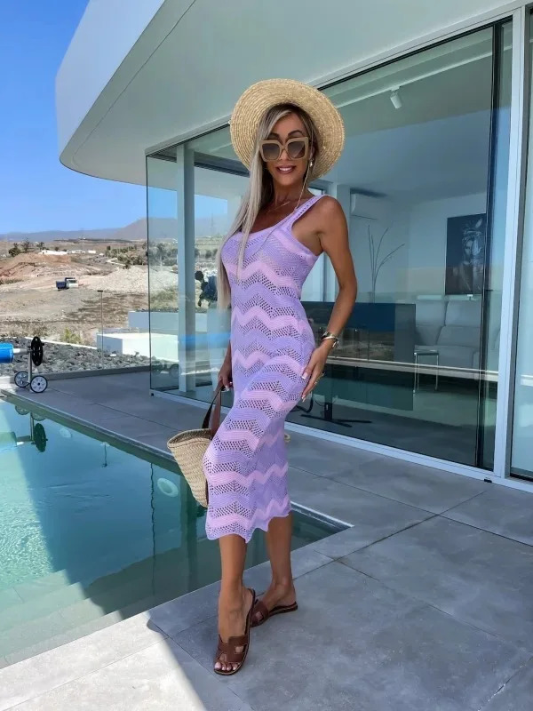 Chic Women Wave Stripe Hollow Knitted Dress Summer Beach Dress Vestidos Sexy Square Neck Sleeveless Wrapped Club Dress Vestidos 250617