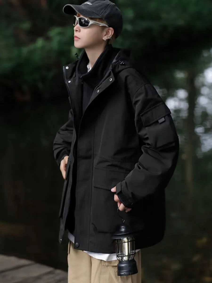 Men Solid Cargo Bomber Jacket Long Sleeve Hooded Trench Coat Military Tactical Jacket Coats Outdoor Zipper Waterproof Outerwear XJ250621