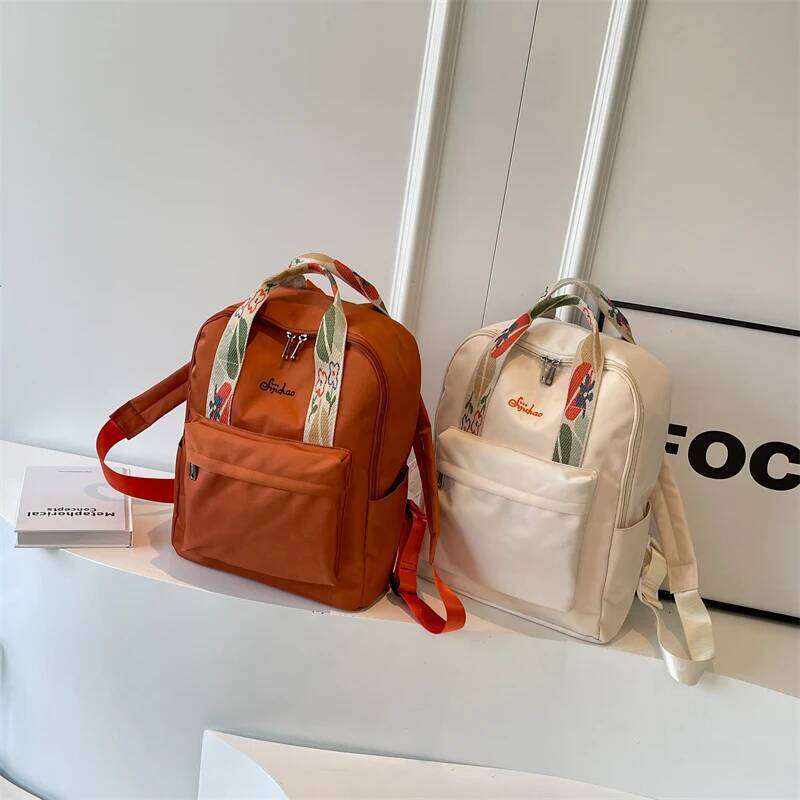 Nylon Fabric Fashion Backpack For Women Floral Hand Strap Pure Color Large Capacity Travel Bag Multi-Pocket School Book Rucksack