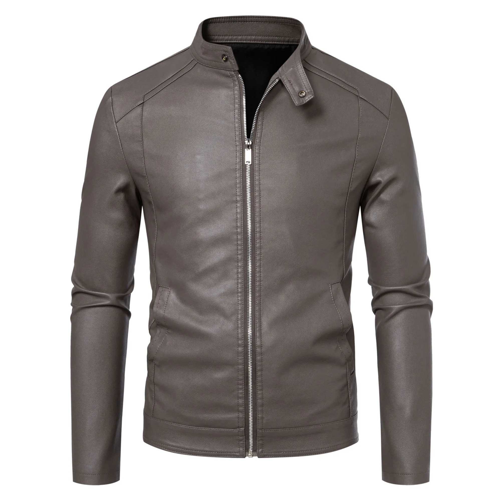TRAF New Arrival Mens Korean Style Slim Fit Leisure Jacket Solid Color Motorcycle PU Leather Coat For Casual WearXJ250621