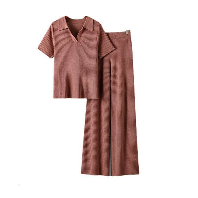 Women's Polo Collar Pullover Short Sleeve Top + Slimming Versatile Solid Color Wide Leg Pants Knitted Fashion Set