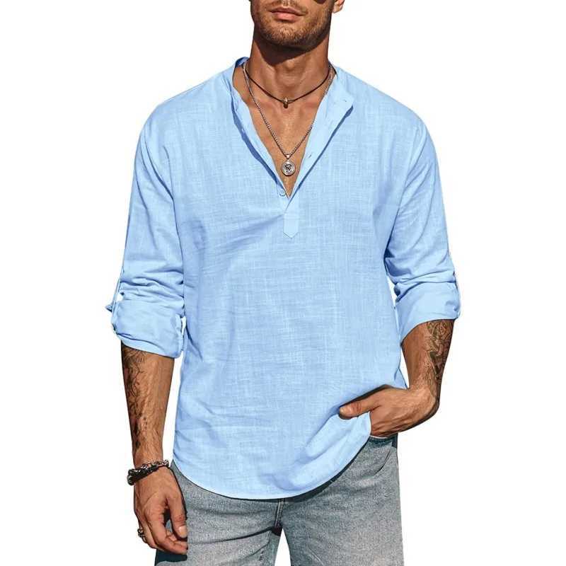 Mens Long Sleeve Cotton Shirt Linen Stand Collar T-shirts Lightweight Breathable Streetwear Half Button Hawaiian Large Shirt XJ250621